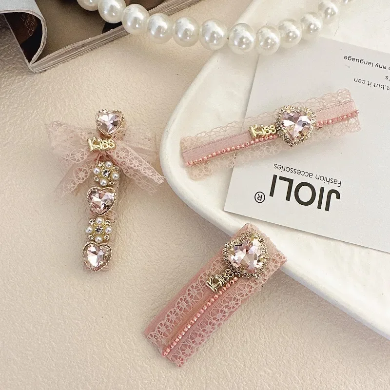 

Korean Charm Cute Heart Rhinestone Alligator Clip Pink Pearl Bowknot Hairpin Barrette Hair Accessories for Women Kids Headdress