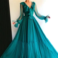 turquoise green evening dress fashion v neck dot tulle long sleeves pleat a line simple formal dresses graduation party gown