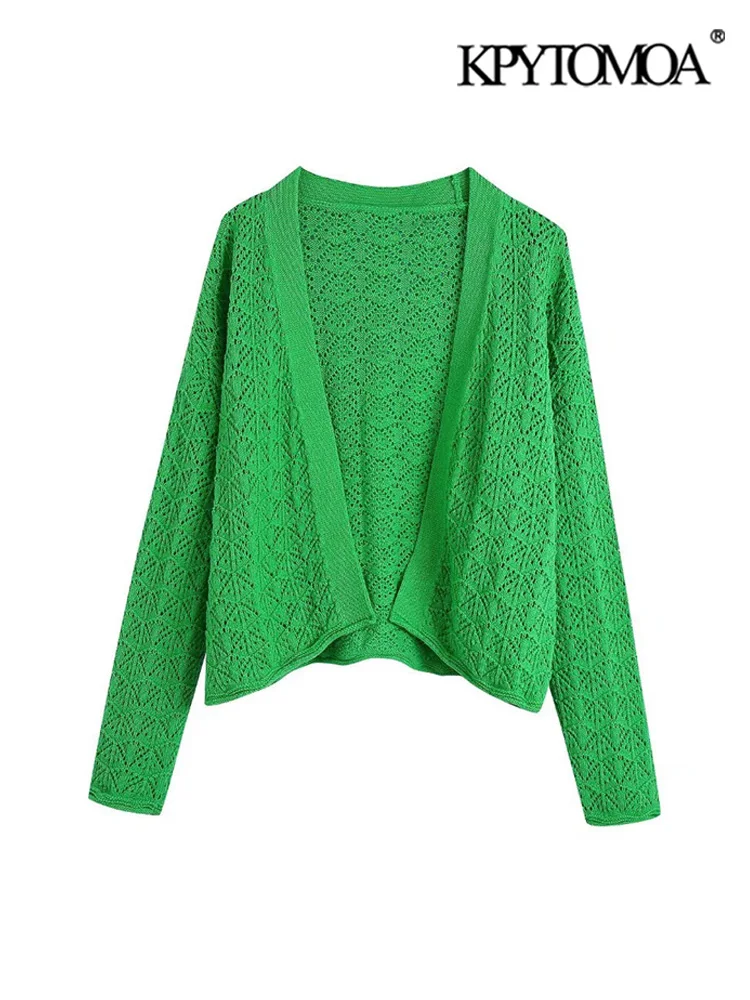 

KPYTOMOA Women Fashion Hollow Out Knit Open Cardigan Sweater Vintage Long Sleeve Loose Female Outerwear Chic Tops