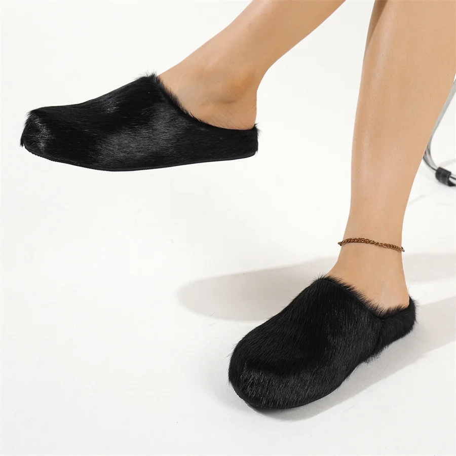 Мужские и женские шлепанцы тапочки из конского волоса на плоской подошве меховые