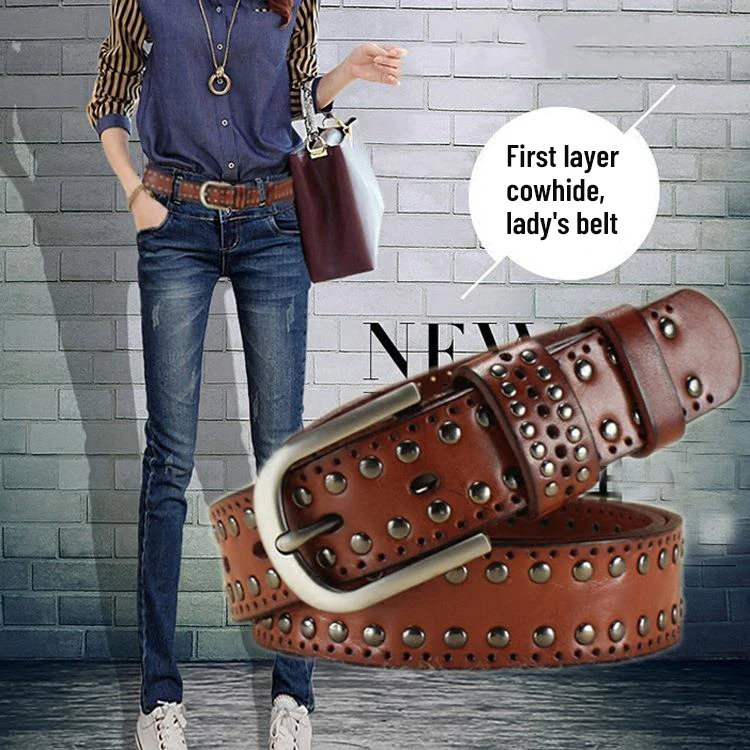 Belt female head layer cowhide simple hundred match Liuding leather casual decoration jeans wide belt punk ladies