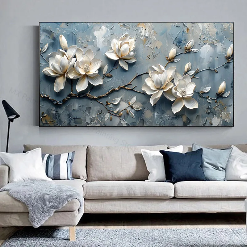 Абстрактная художественная 3D-картина белых цветов магнолии на сером фоне