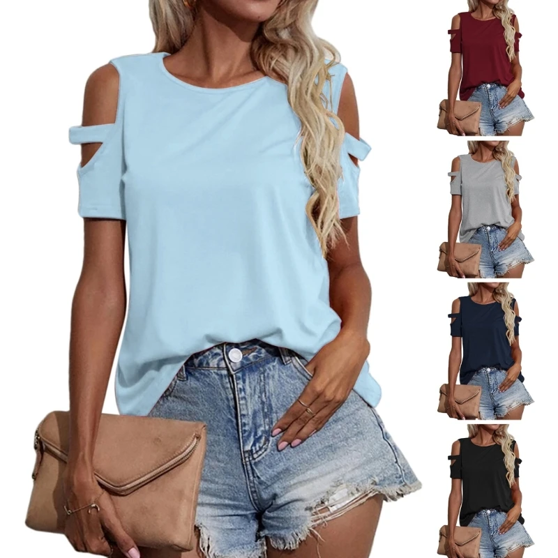 

Cold Shoulder Shirts for Women Tunics Tops Casual Short Sleeve Round Neck Loose Tees Tops Fall Tshirt Blouses Shirts