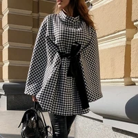 women elegant long sleeve pullover fashion houndstooth ladies cloak cape coat sashes high street casual oversize autumn winter