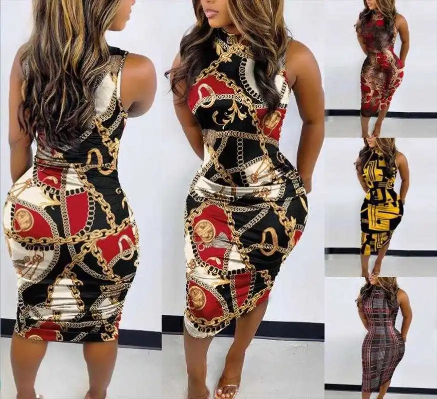 

Spring And Summer Sleeveless Printed Dress Sheath Skirt Round Neck Tight For Women