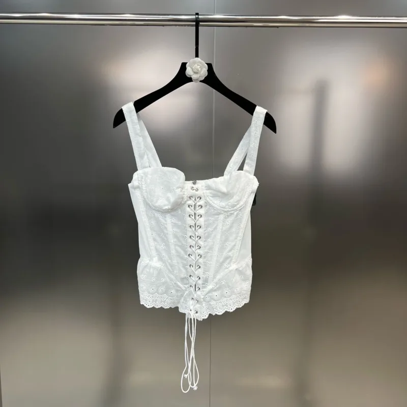 

BORVEMAYS Tank Tops White Mesh Elegant Temperament Sleeveless Solid Color Drawstring Sexy Vest Autumn New 2023 WZ3728