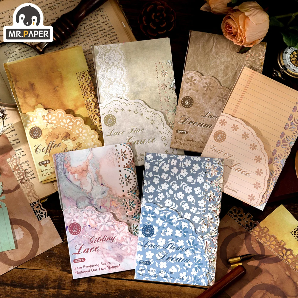 

Mr.Paper 6 Styles 20 Sheets/pack Vintage Paper Lace Hollow Memo White Kraft Paper Backing Handbook DIY Decorative Message Paper