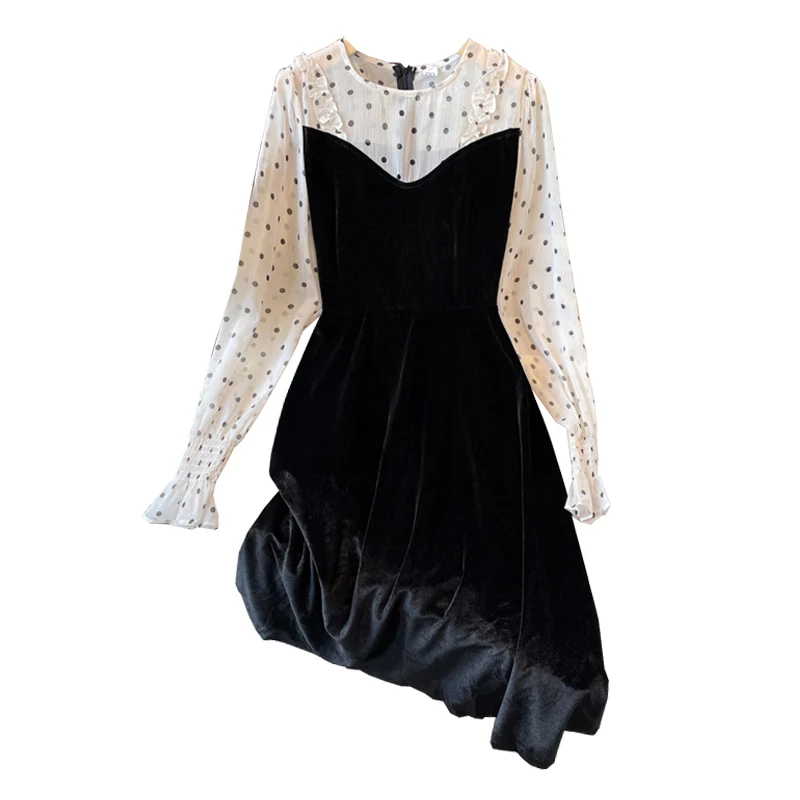 

Elegant Long Velvet Dresses For Women 2023 Casual Female Large Size 4XL Autumn Winter Long Sleeve Warm Dot A Line Party Clothes