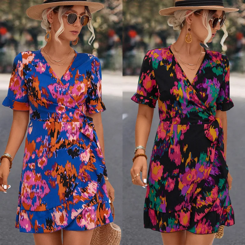 

Платье женское с запахом, офисный элегантный мини-наряд с коротким рукавом, V-образным вырезом, оборками и принтом, с поясом, для отпуска, лето 2023