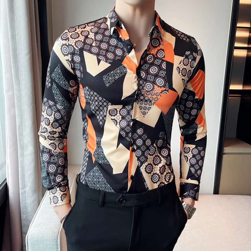 

Fashion Slim Fit Long Sleeve Casual Shirt Male Business Formal Dress Shirts Social Tuxedo Blouse Luxury Retro Print Men's Shirt