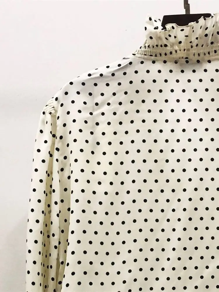 Женская плиссированная блузка в горошек, винтажная однобортная рубашка с оборками и отделкой, весна-лето 2023