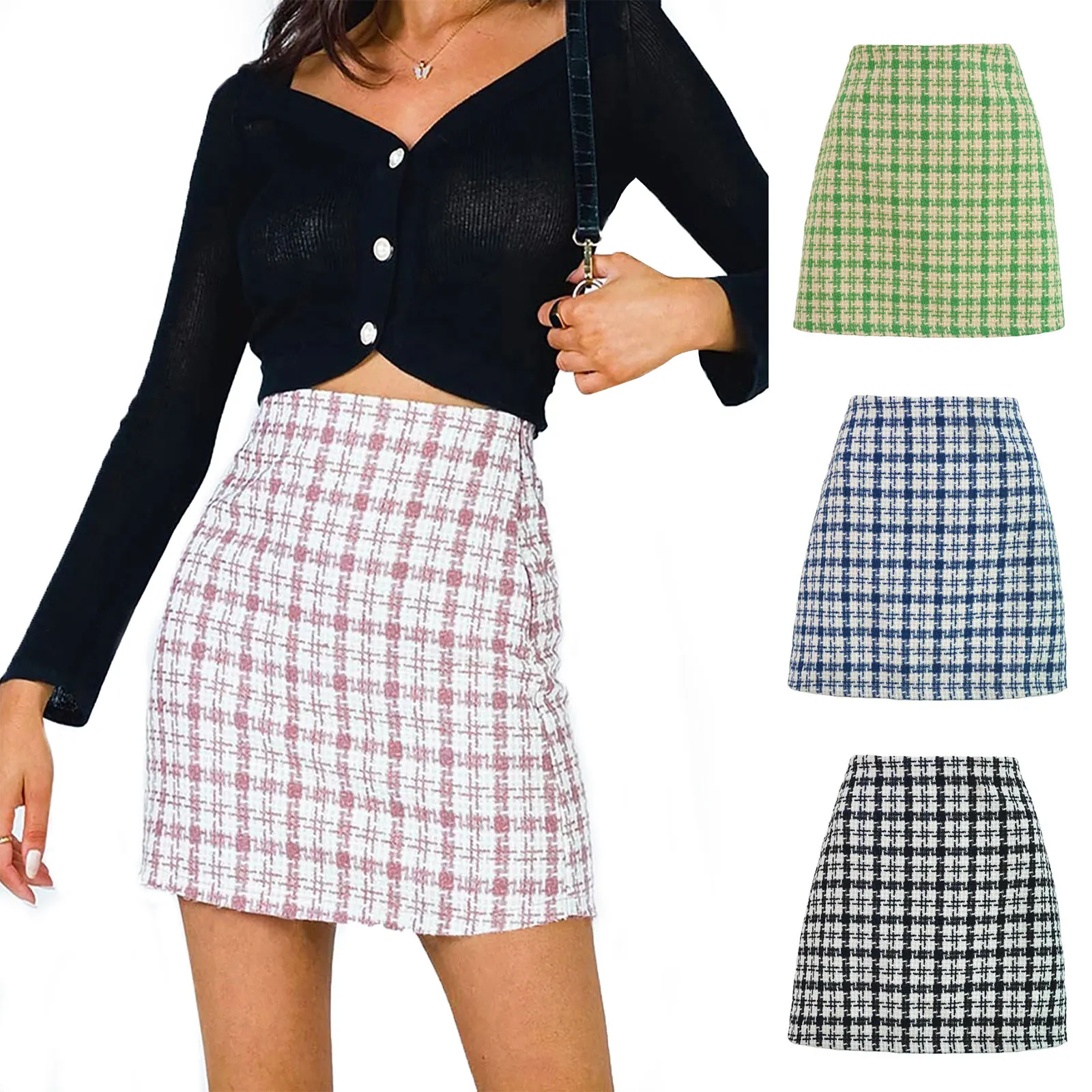 Women'S Woolen High-Waist A-Line Formal Short Skirt Plaid Print Pattern High-Waist Zipper Skirt  Pink/Green/Black/Blue