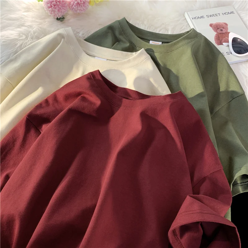 

Privathinker, чистый хлопок, Женские однотонные футболки, летние, с коротким рукавом, унисекс, роскошные футболки, свободные, с круглым вырезом, же...