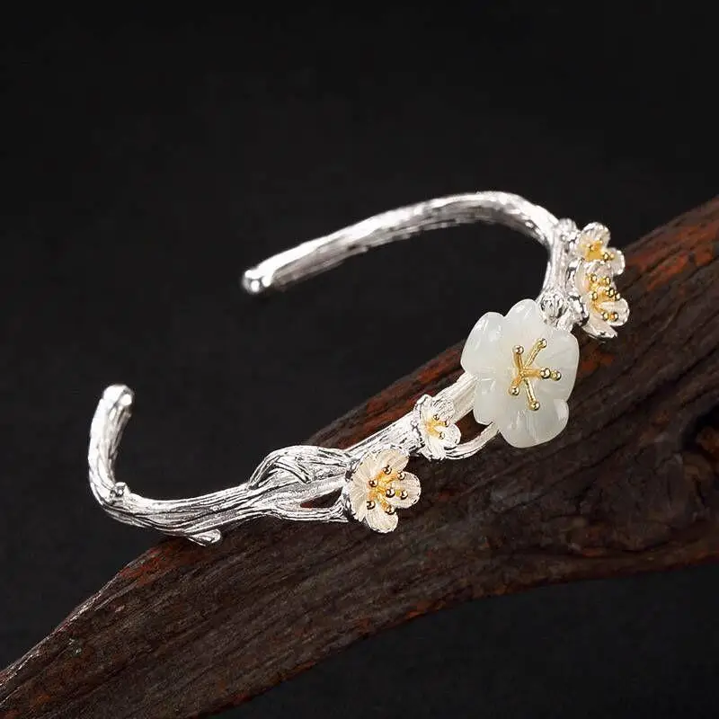 

S925 Sterling Silver Natural Hetian Jade White Jade Plum Blossom Artistic Retro Women's Open High-End Jewelry Bangle Bracelet