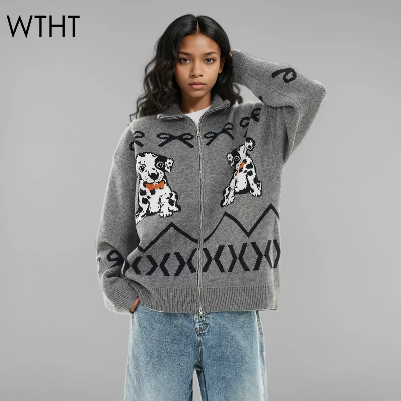 WTHT модный вязаный кардиган с принтом собаки для женщин осень 2024 свитер