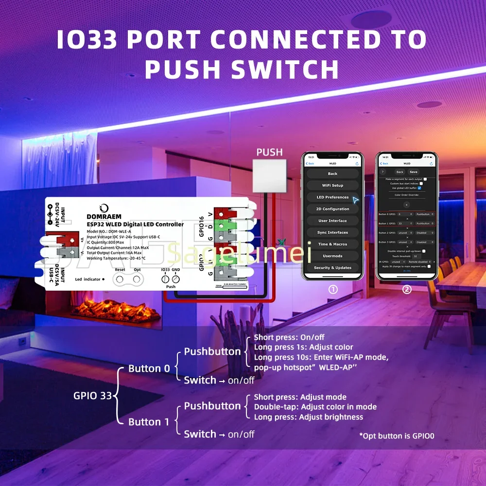 Фото DOMRAEM ESP32 USB-C WLED Цифровой светодиодный контроллер RGB IC DIY APP Предохранитель 16А Работает с полосой HA/MQTT/Alex WS2811/12B/14/05 Sk6812 №4