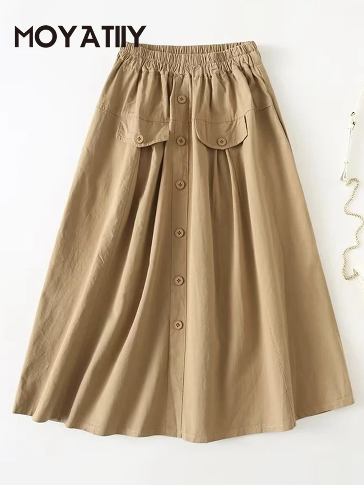

MOYATIIY 2022 Fashion Skirt New Women Pleated Midi Skirts Elasttic Strethy Waist Ladies Chic Bottoms