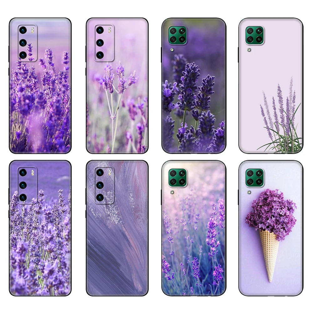 

Черный чехол из ТПУ для Huawei P30 Lite P30 Pro P40, чехол для Huawei P40 LITE E P Smart 2020, чехол с лавандой, фиолетовыми цветами
