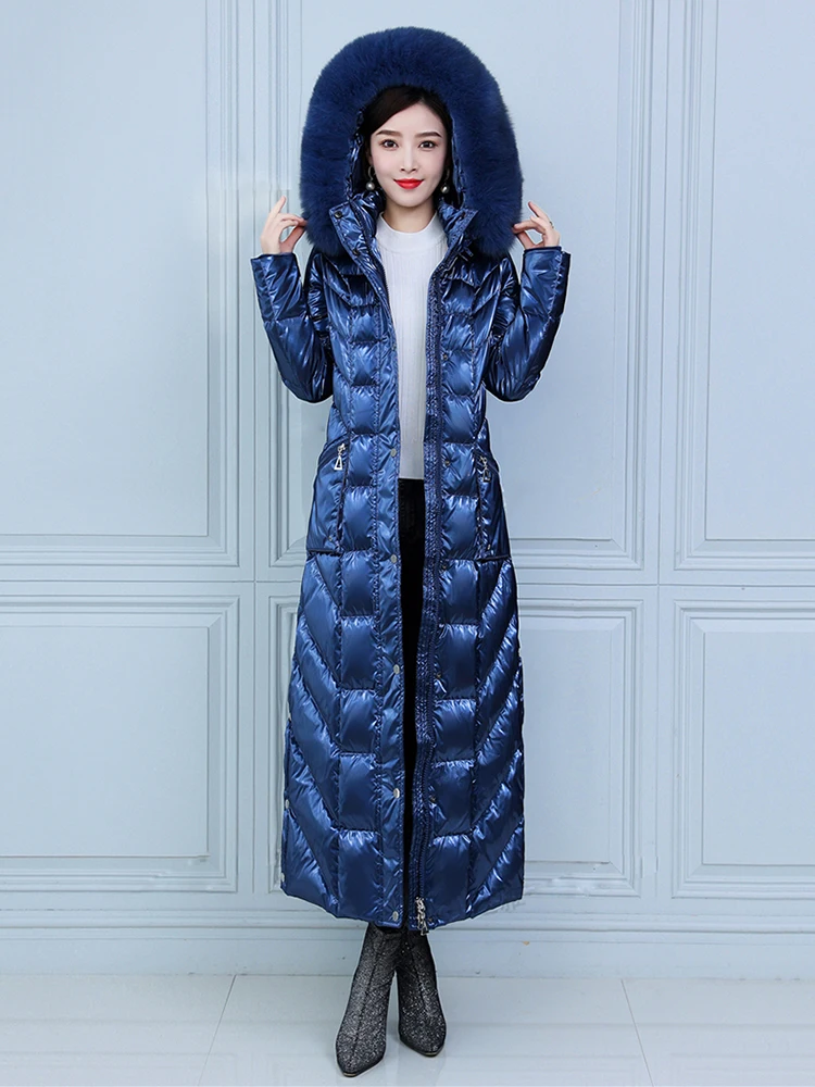 New Women Wash Free Down Coat Winter Fashion Glossy Surface Real Fox Fur Collar Lengthened Thicken Down Jacket Slim Overcoat