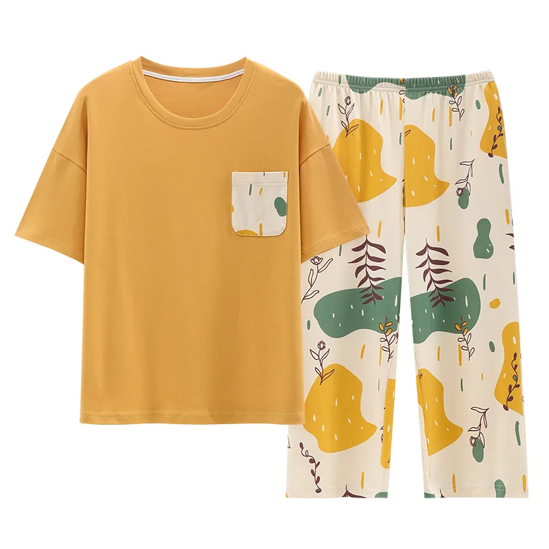 Summer Pajamas Women's Cotton Short-sleeved Cropped Trousers with Chest Pads Japanese Cute Girl Summer Home Suit Soft Sleepwear