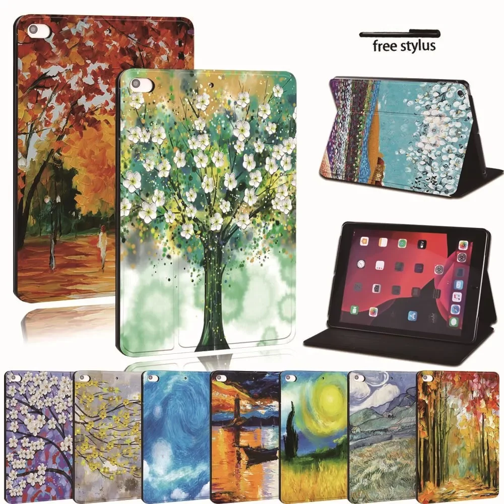 iPad 2 3 4 5 6 7/Air 1 2 3/Pro 11 2018 2020 PU Leather Tablet Stand Folio Cover -Ultra-thin Painting colors Slim Case