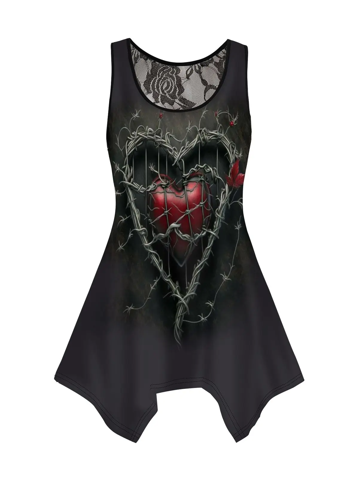 

Dressfo Heart Print Gothic Tank Top Asymmetrical Hem Lace Casual Top Summer Breathable Round Neck Women Vest