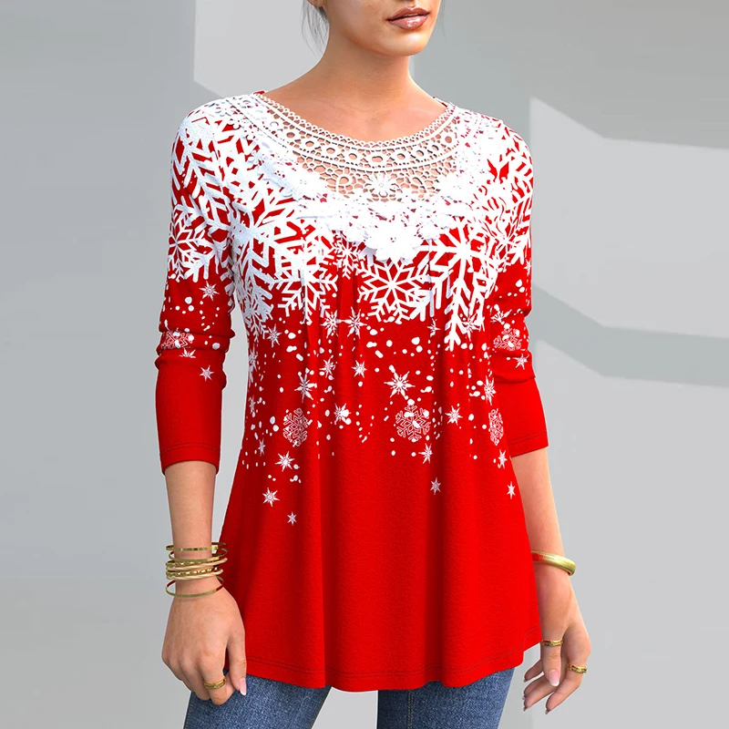 

Футболка женская, демисезонная, с круглым вырезом и длинным рукавом, с рождественским принтом