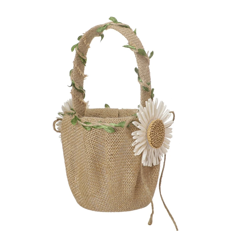 

Linen Lace Flower Wedding Basket With Handle Vintage Rustic Party Decoration Wedding Ceremony Table Decoration Candy Gift Bag