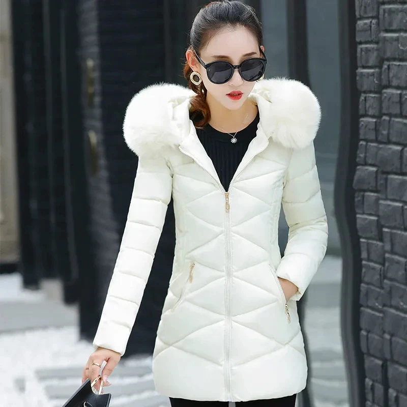 

2022 Winter Women Fur Hooded Turn-Down Collar Cotton-Padded Pocket Coats Warm Parka Jacket Quilted Woman White Puffer Coats