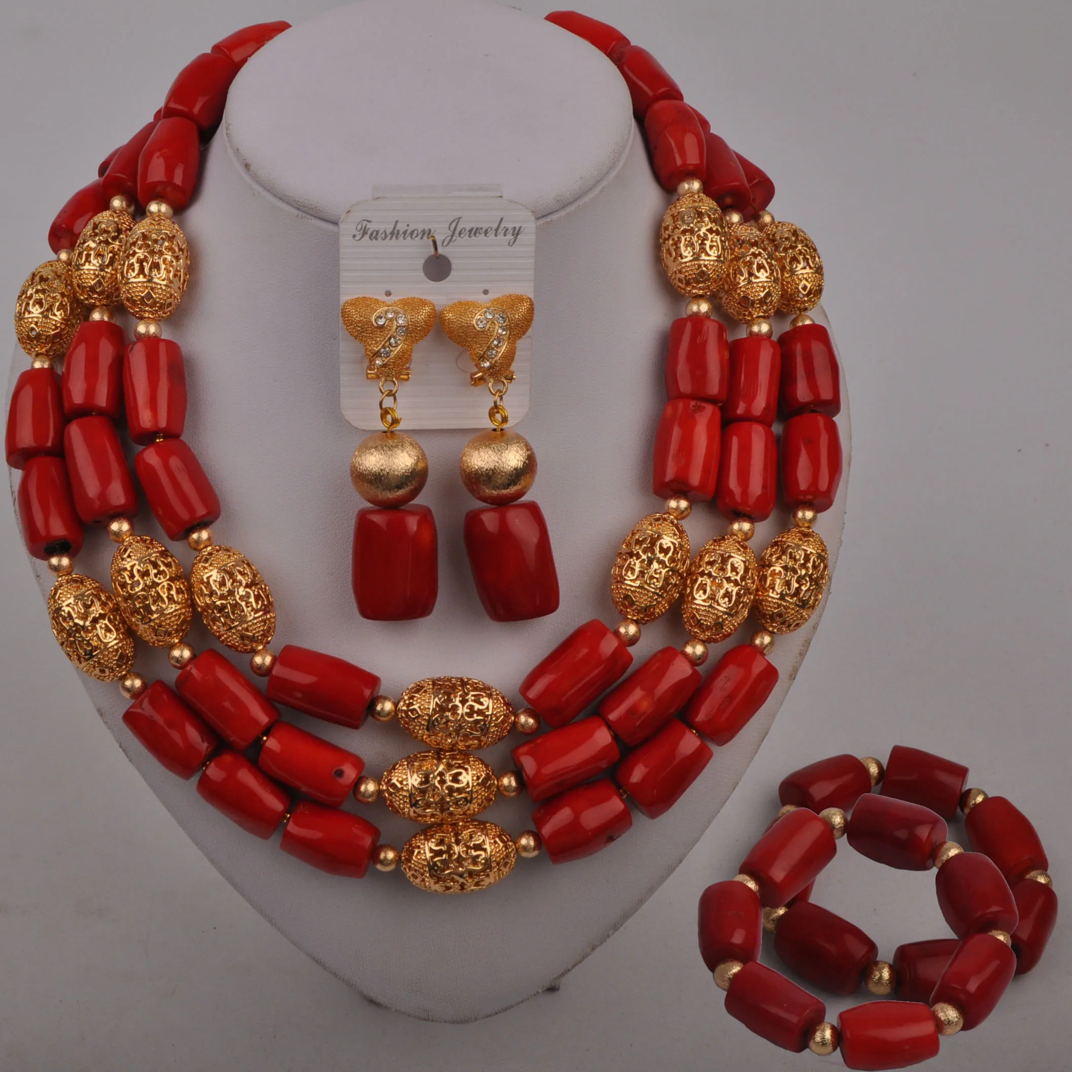 

Nigerian Wedding Beads Red African Coral Jewelry Set for Women
