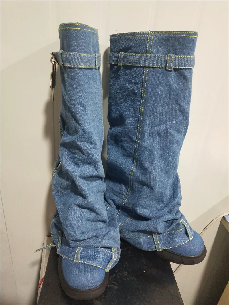 2023 Winter New Style Women's Knee-high Boots Round Toe Platform Wedges Denim Female Shoes Fashion Metal Decoration Boots Ladies
