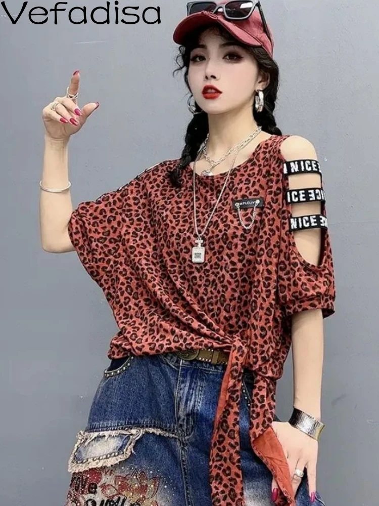 

Vefadisa 2023 New Women Fashion Personalized Shoulder Irregular Strap Leopard Pattern Bat Sleeve Half Sleeve Red T-shirt ZY1829