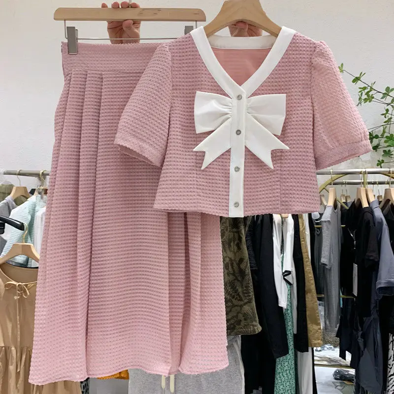 

Fashion Small Fragrance Two-piece Suit Women's 2022 Summer New French Bellflower Bow Top + Skirt Casual Sweet 2-piece Set