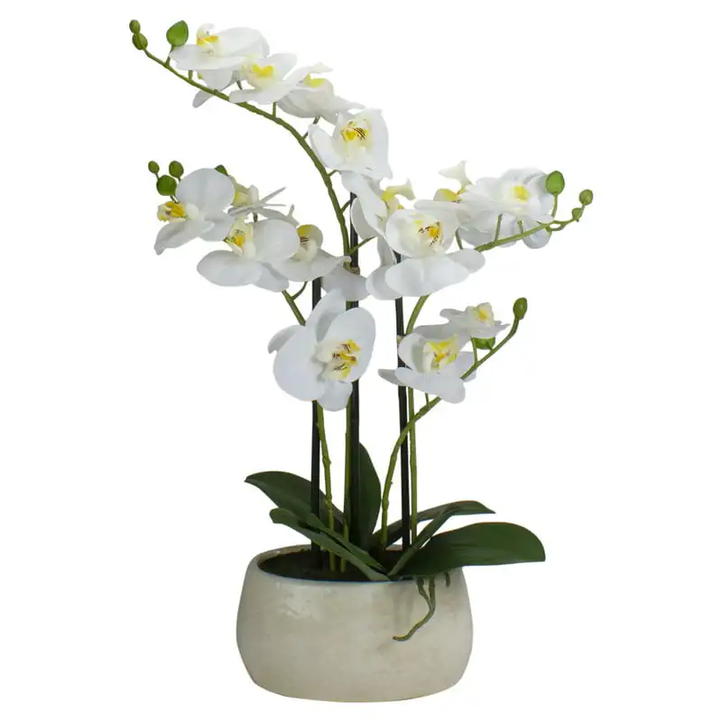 

Artificial White and Yellow Orchid Plant With a White Oval Pot Tabletop Decor