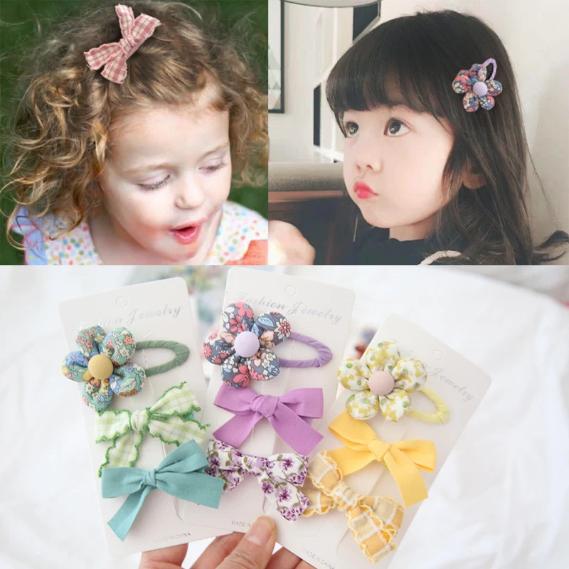 3Pcs/Lot Girls Hair Clips Ribbon Bow-knot Toddlers Handmade Bows Barrettes Hairpins Floral Plaid Dot Kids Hair Accessories