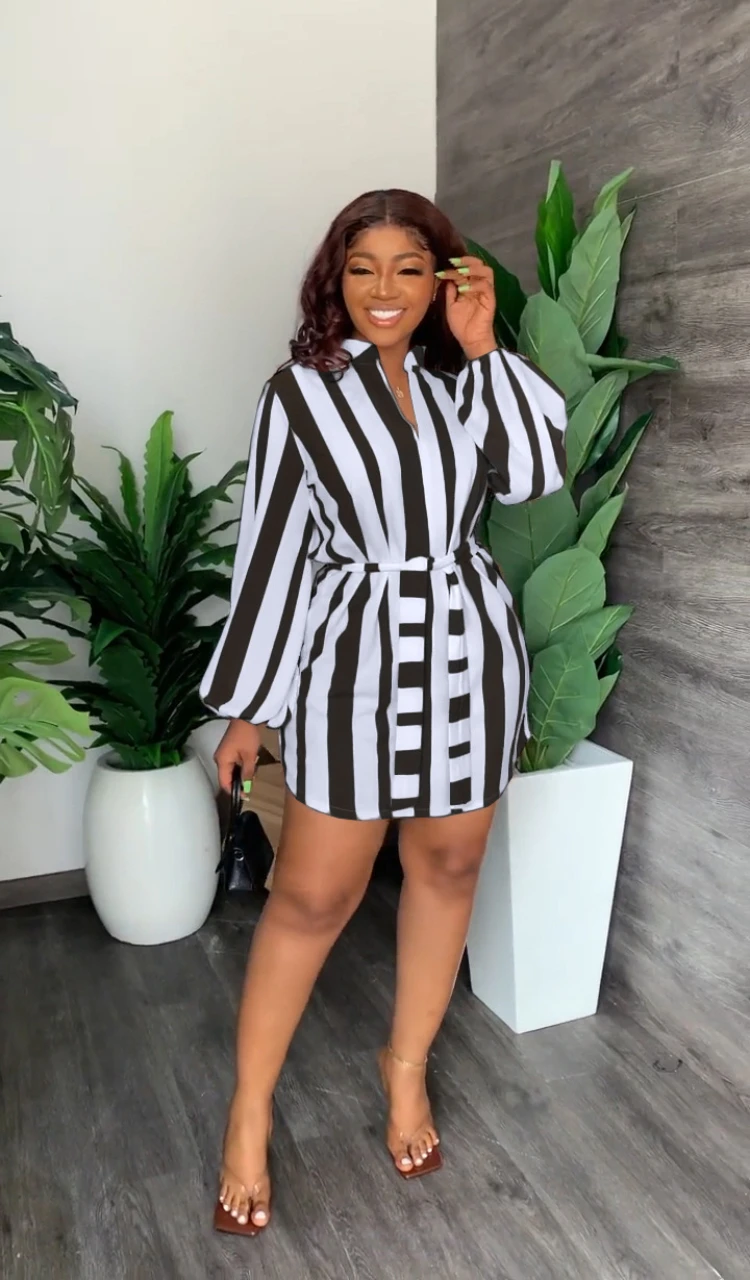

Striped Button Design Puffed Sleeve Shirt Dress Autumn Casual Fitted Waist Long Sleeve Elegant Dresses Ladies Mini Work Dress