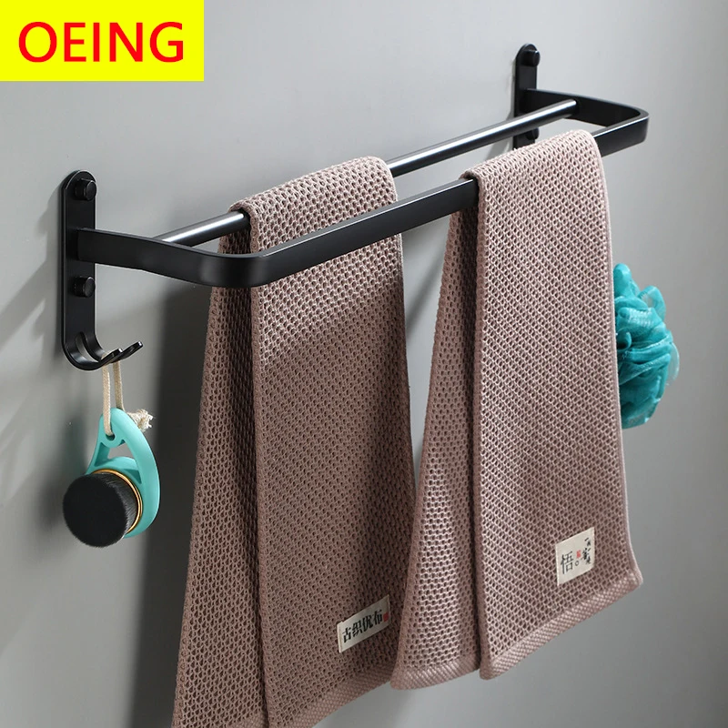 

Bathroom Hardware Set Double Layer Bathroom Accessories Black Towel Rail Bar Rack Towel Bar Shelf Towel Holder Punch With Glue