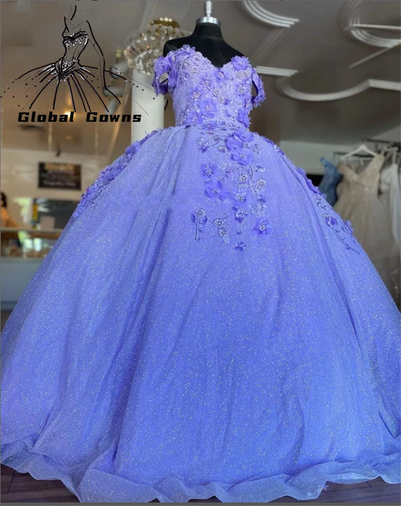 

Cinderella Purple Off The Shoulder Quinceanear Dresses Beaded 3D Flowers Princess Sweet 15 16 Ball Gown Dress Graduation Prom