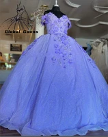 cinderella purple off the shoulder quinceanear dresses beaded 3d flowers princess sweet 15 16 ball gown dress graduation prom