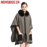 women loose capes poncho with pocket winter swallow gird fur shawl knitwear plus size cardigan streetwear coat with fur hat
