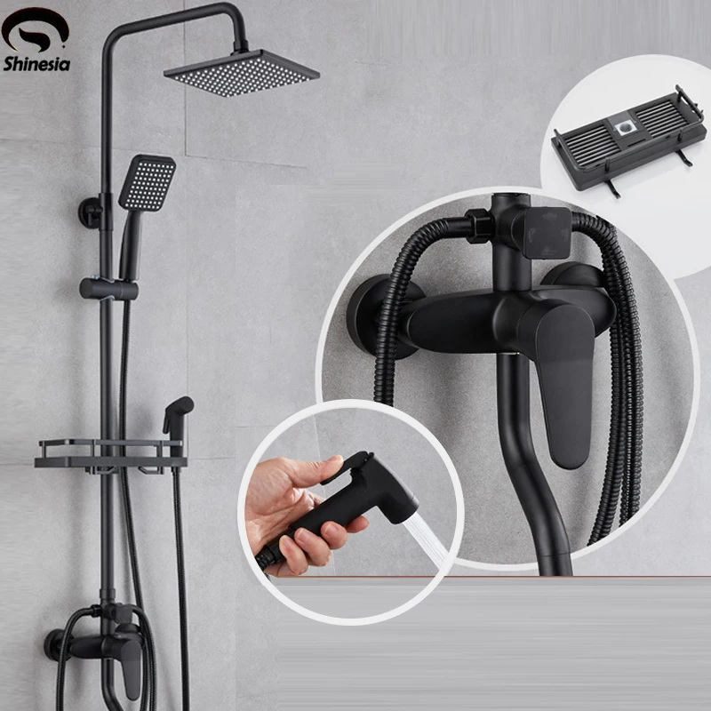 

Shinesia Rainfall Shower Faucet Set Single Lever Bathtub Shower Mixer Faucet & Storage Shelf Shower Mixer Water Tap