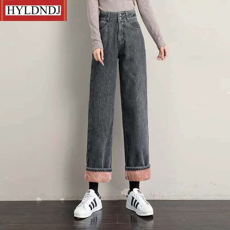 New Fleece Women Straight Wide Leg Jeans Thick Warm Velvet Trendy Jeans Winter Casual Denim Pants Mujer Brand Clothing