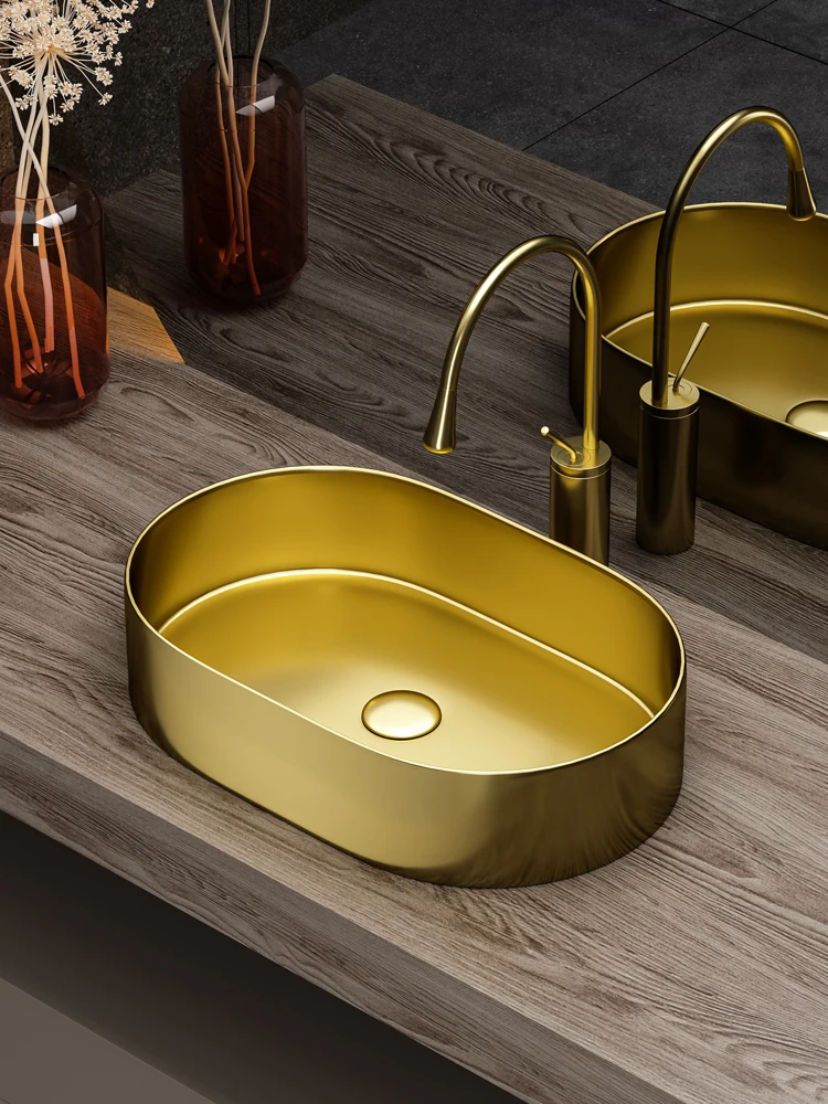 

Golden Stainless Steel Table Basin Oval Integrated Basin Wash Basin Single Basin Bar Bathroom Washbasin