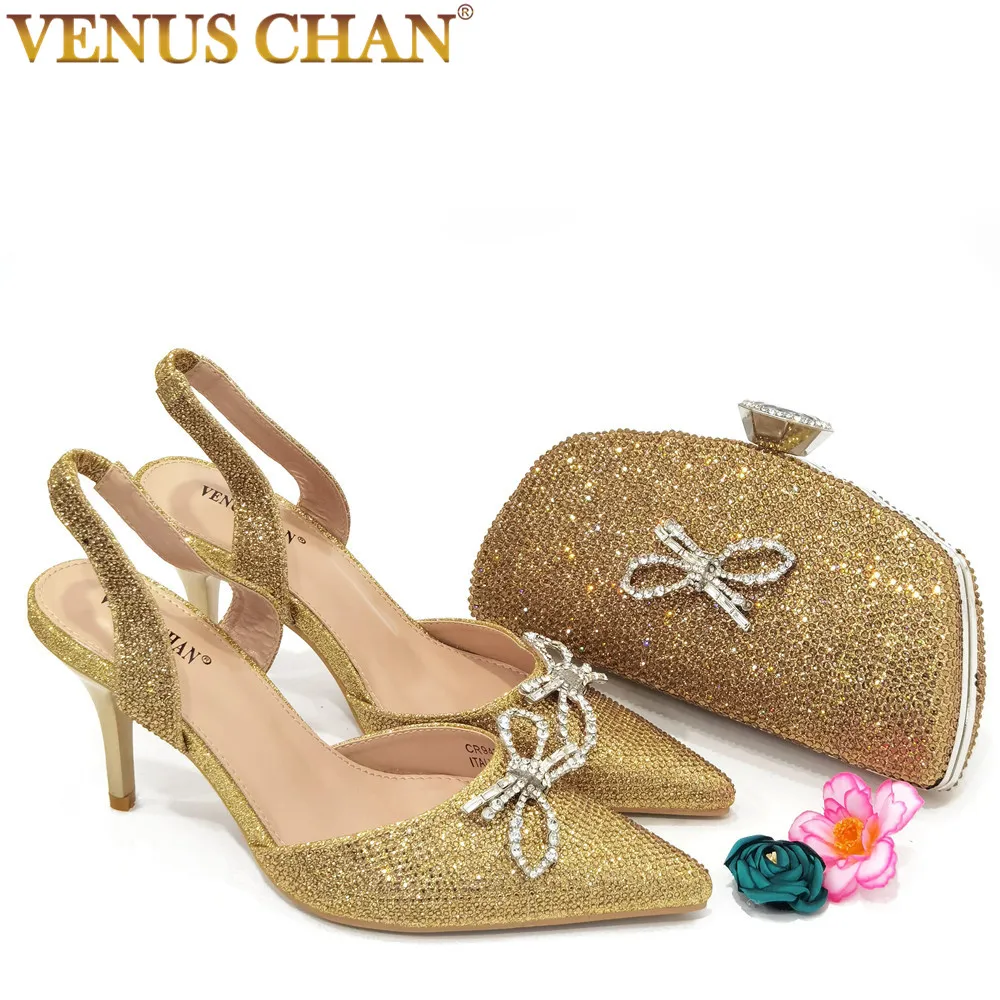 

Venus Chan, новинка 2023, Модные женские сандалии с острым носком, подходящая сумка в комплекте золотого цвета для нигерийских женщин, свадьба