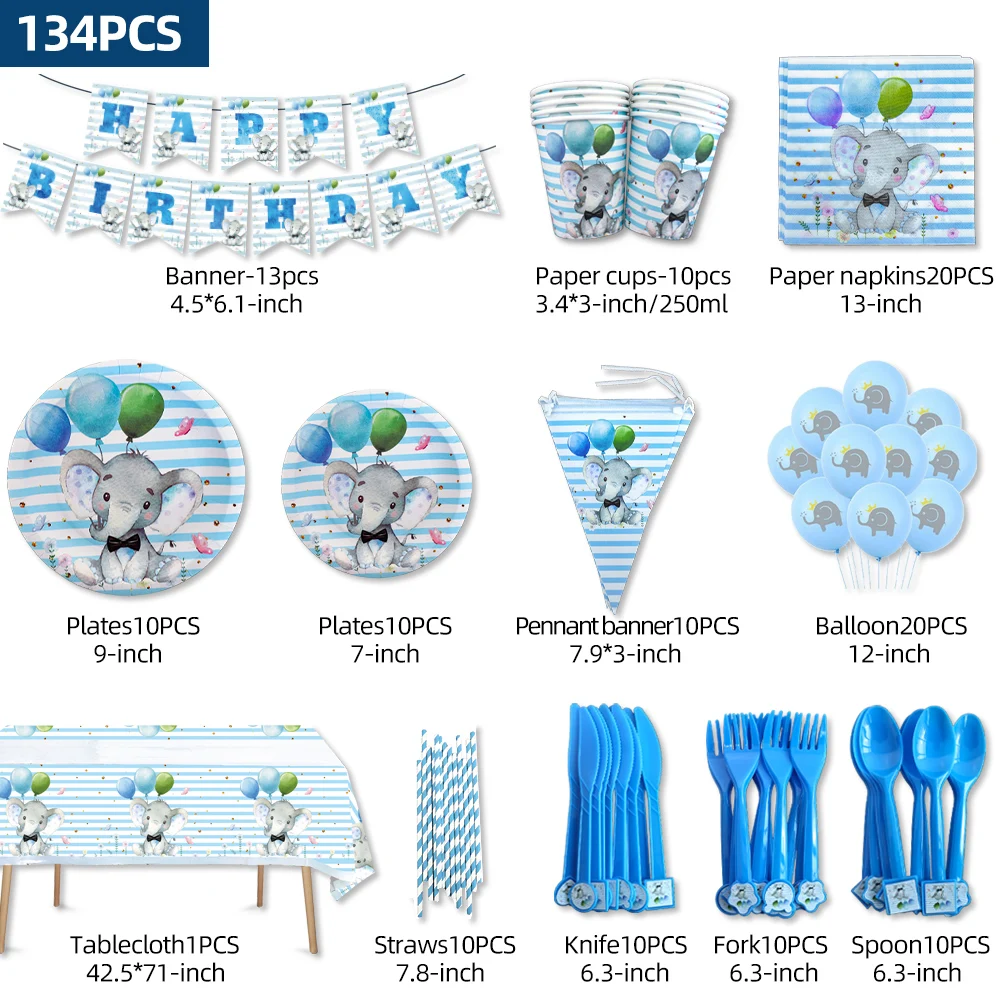 134Pcs Blue Elephant Flower Theme Disposable Tableware Papers Cup Banners Decoration Set Boy's Birthday Supplies