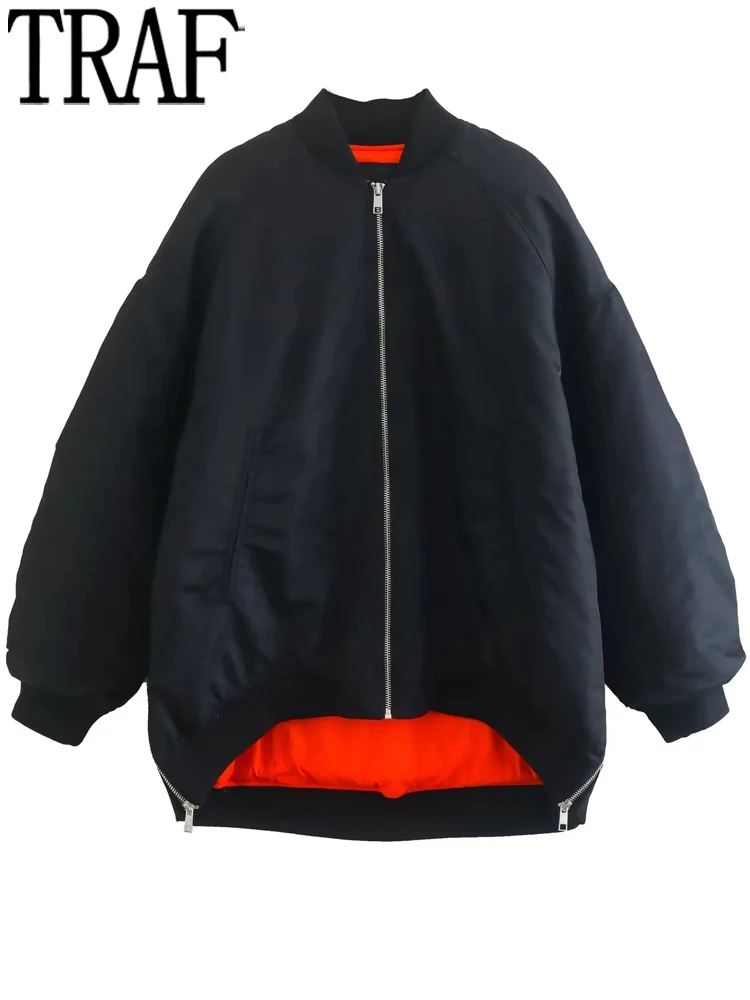 

TRAF Oversize Bomber Jacket Women Black Winter Woman Coat 2022 Very Warm Long Sleeve Women's Jackets Zip Up Streetwear Outerwear