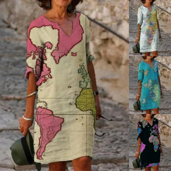 

Summer Boho Dress Women World Map Print Half Sleeve Retro V-neck Mini Dresses Loose Beach Holiday Party Dress Vestidos Female