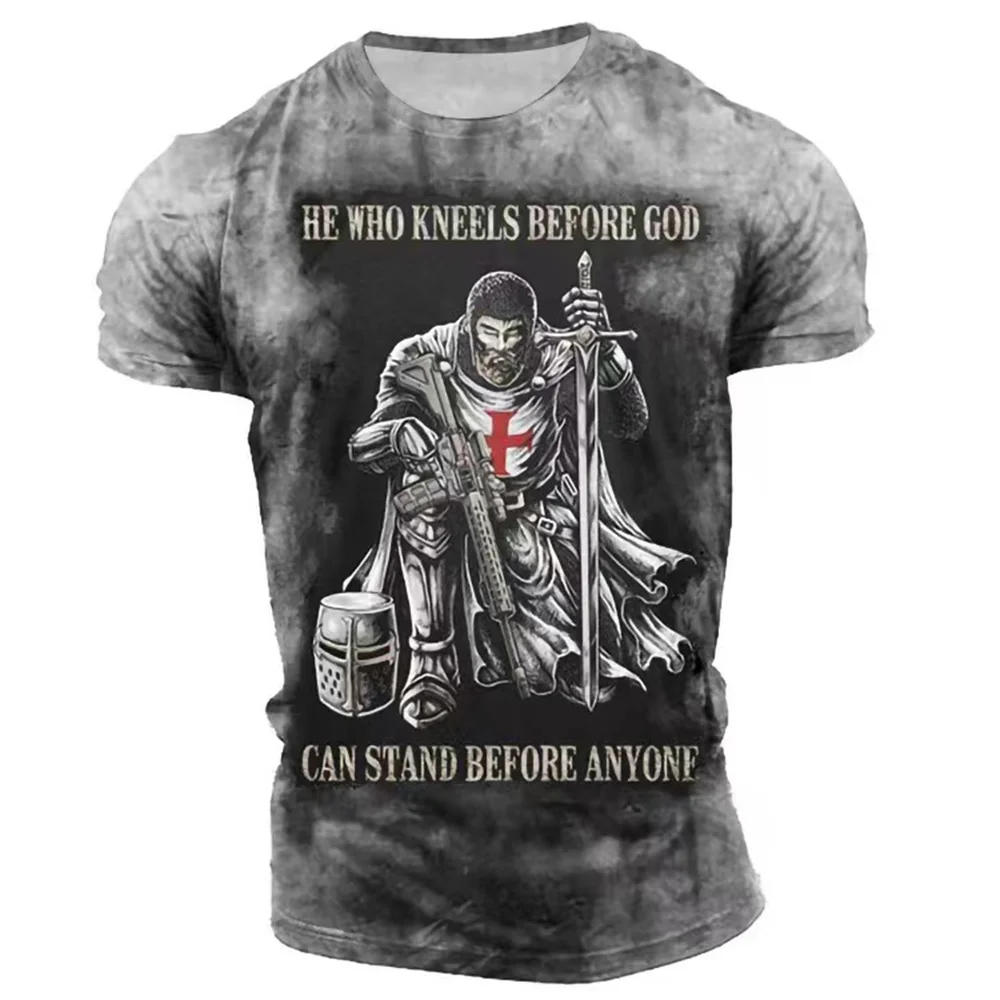 

New Vintage Print T Shirt Templar 3d Pattern European and American Style Short-sleeved Summer T-shirt for Men Oversized Clothing