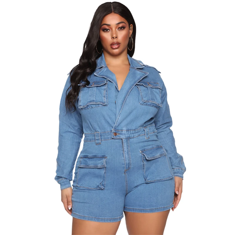 High Stretch Casual Loose Denim Jumpsuit Fall 2022 with Long Sleeve Front Open Collar Jeans Playsuit Women Short Romper Bodysuit