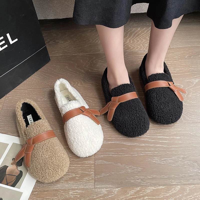 Plush Cotton Shoes 2022 New Fashion Women's Shoes Lamb Wool Plus Velvet Thick Bottom Bow Two Wear Women's Slippers